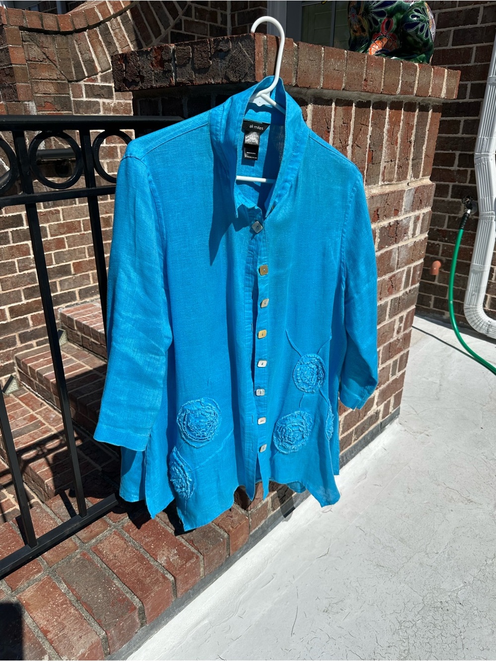 Ali Miles Turquoise Button-Front Tunic Jacket, Linen, L